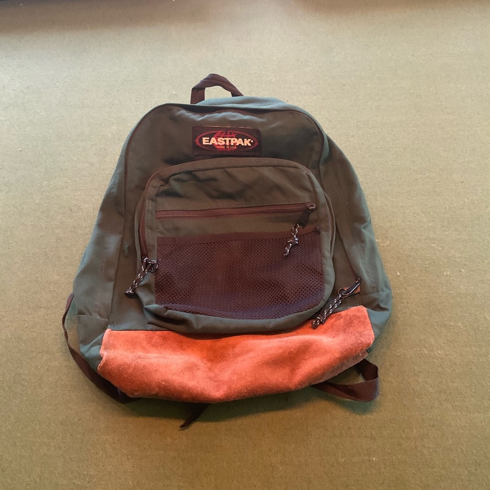 Eastpak Olive Green and Brown Suede Men's vintage Backpack good used condition